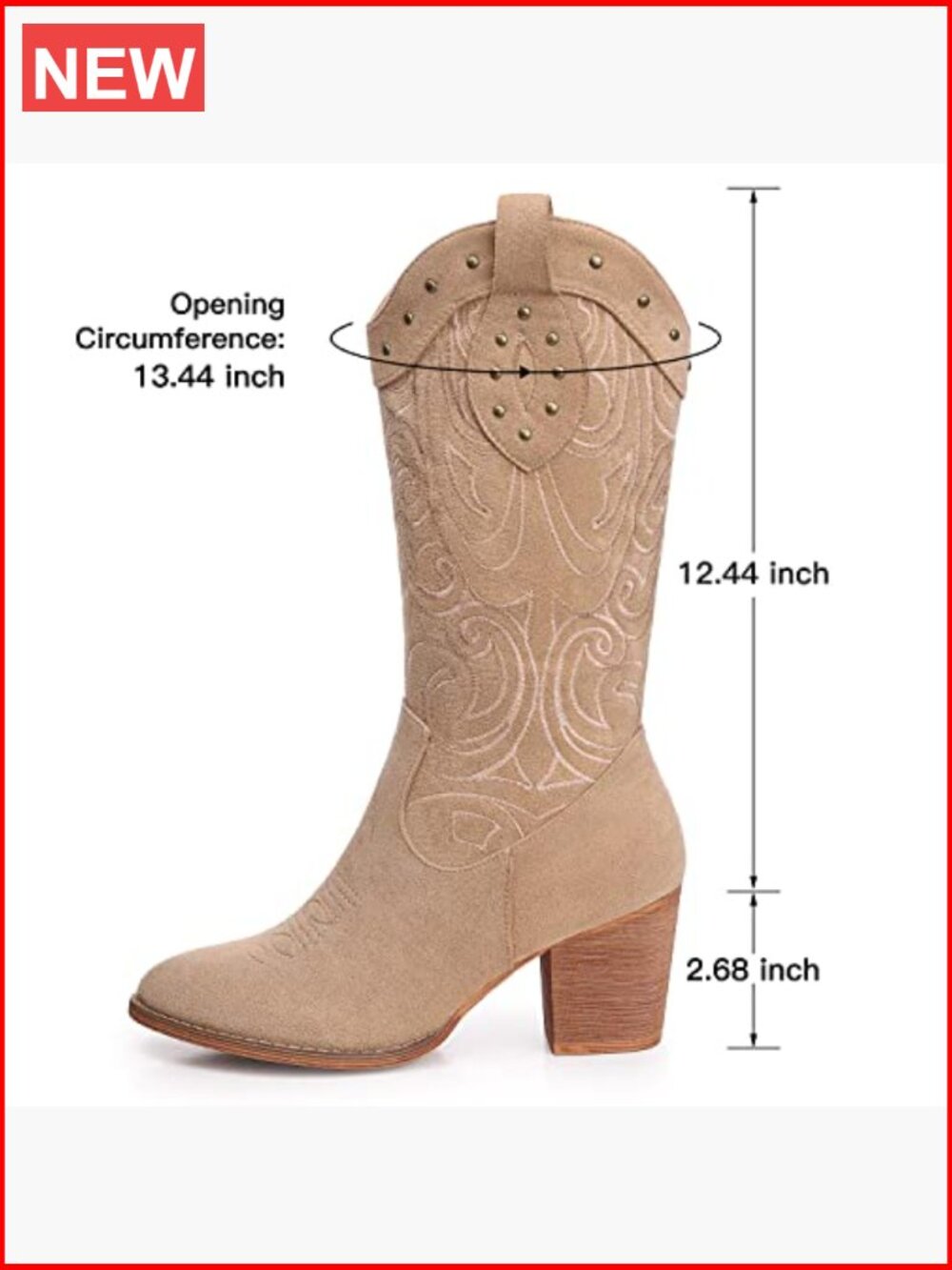 Western Mid Calf Boots for Women – Chunky Heel Pointed Toe Suede Embroidered - Picture 5 of 7